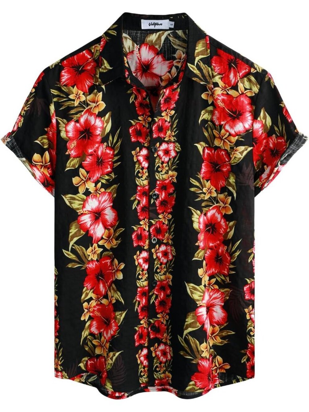 Men's Black/Red Hawaiian Short Sleeve Button Down Tropical Floral Beach Shirt